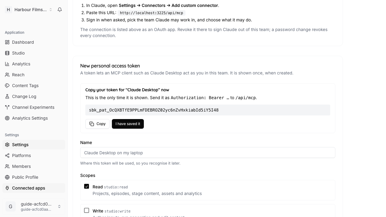 Settings, Connected apps: after Create token, the token is shown once with Copy and I have saved it buttons