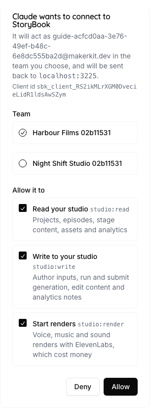 The consent page: Claude wants to connect to StoryBook, with the team list and the three scopes, read, write and render, and the Deny and Allow buttons