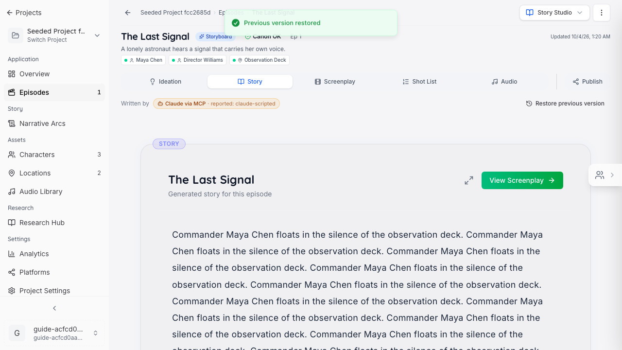 The story page after restoring, with a Previous version restored message