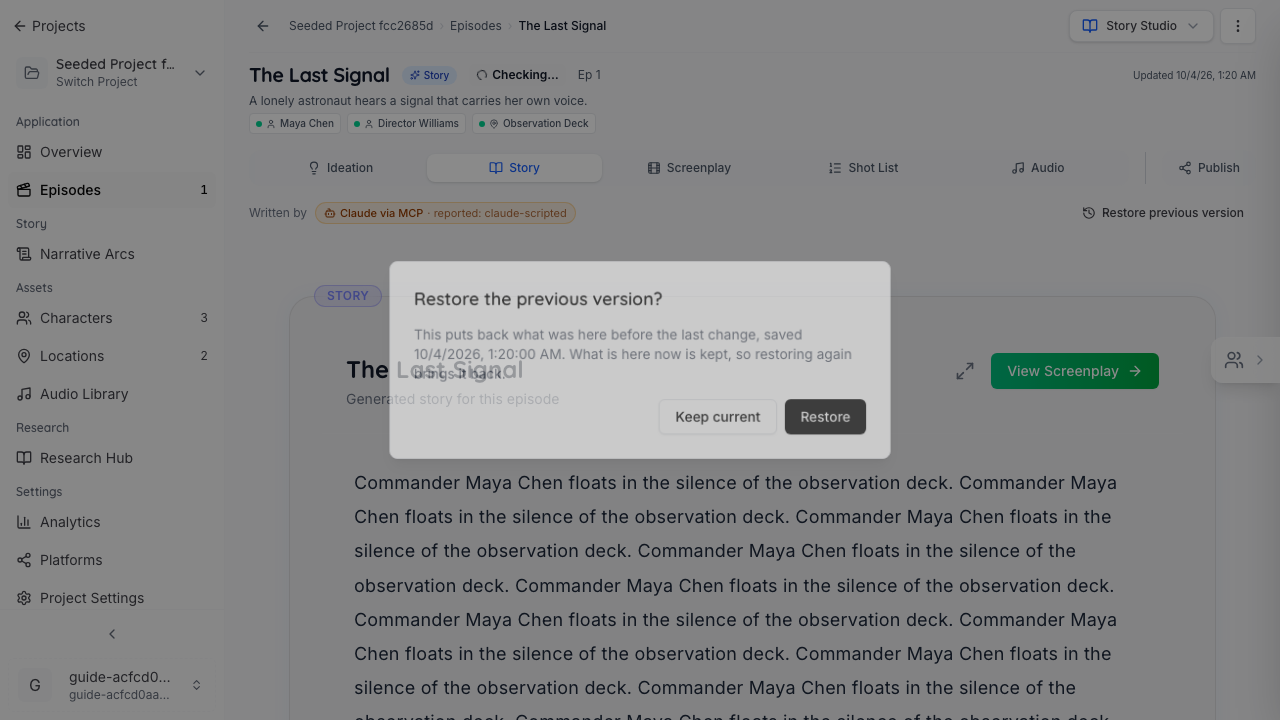 The Restore the previous version confirmation, with Keep current and Restore buttons