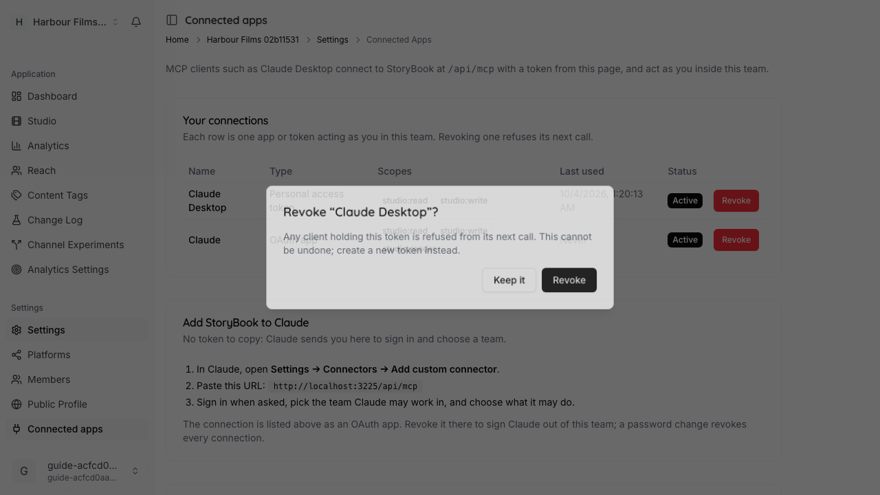 The revoke confirmation over the Your connections list