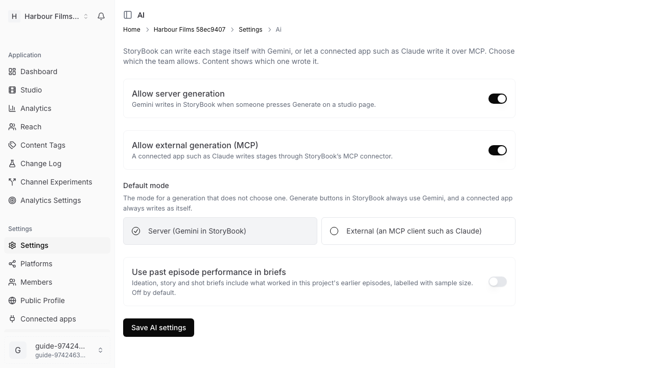 Settings, AI: the two Allow toggles, the Default mode choice, the past episode performance toggle and the Save AI settings button
