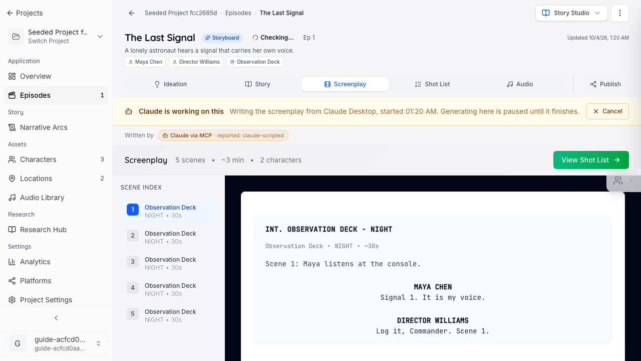 The screenplay page with the Claude is working on this banner and its Cancel button